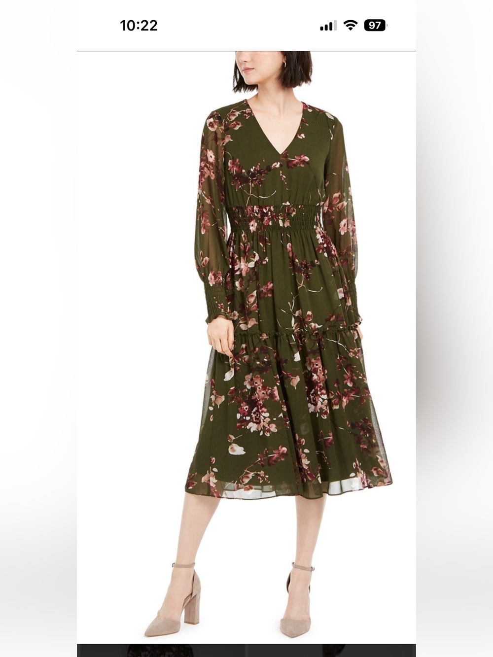 NWT Taylor Olive Green Floral Long Sleeve V-Neck Midi Dress - Size 4